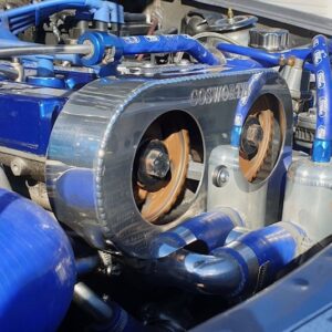 FORD COSWORTH CAM BELT COVER WITH HOLES AND COSWORTH LOGO.